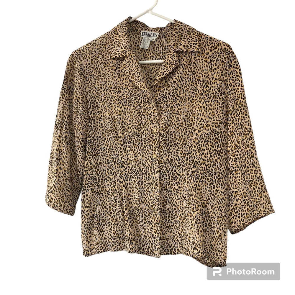 Robbie Bee Leopard Print 100% Silk Button Down Womens Shirt Blouse Size S